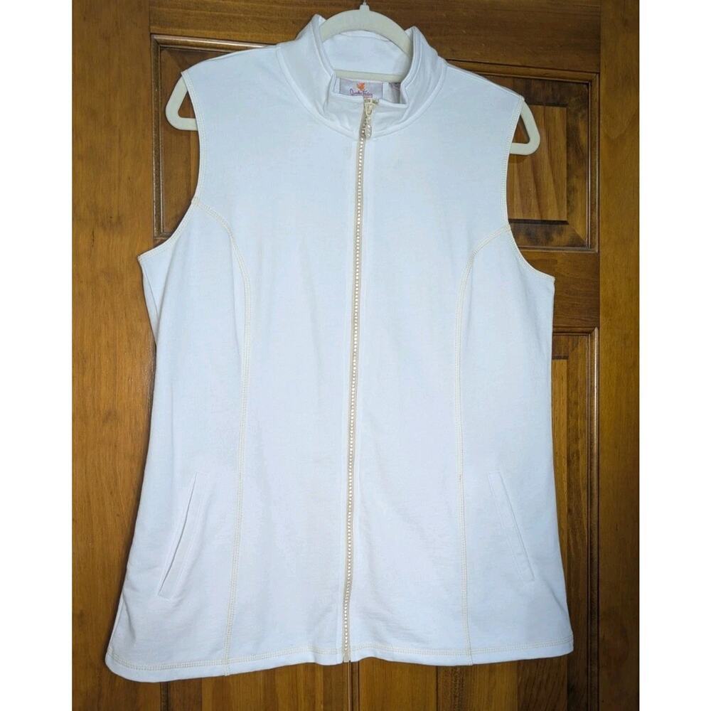 Quacker Factory Rhinestone Zip Vest White Sz M Sleeveless Pockets Women (940)